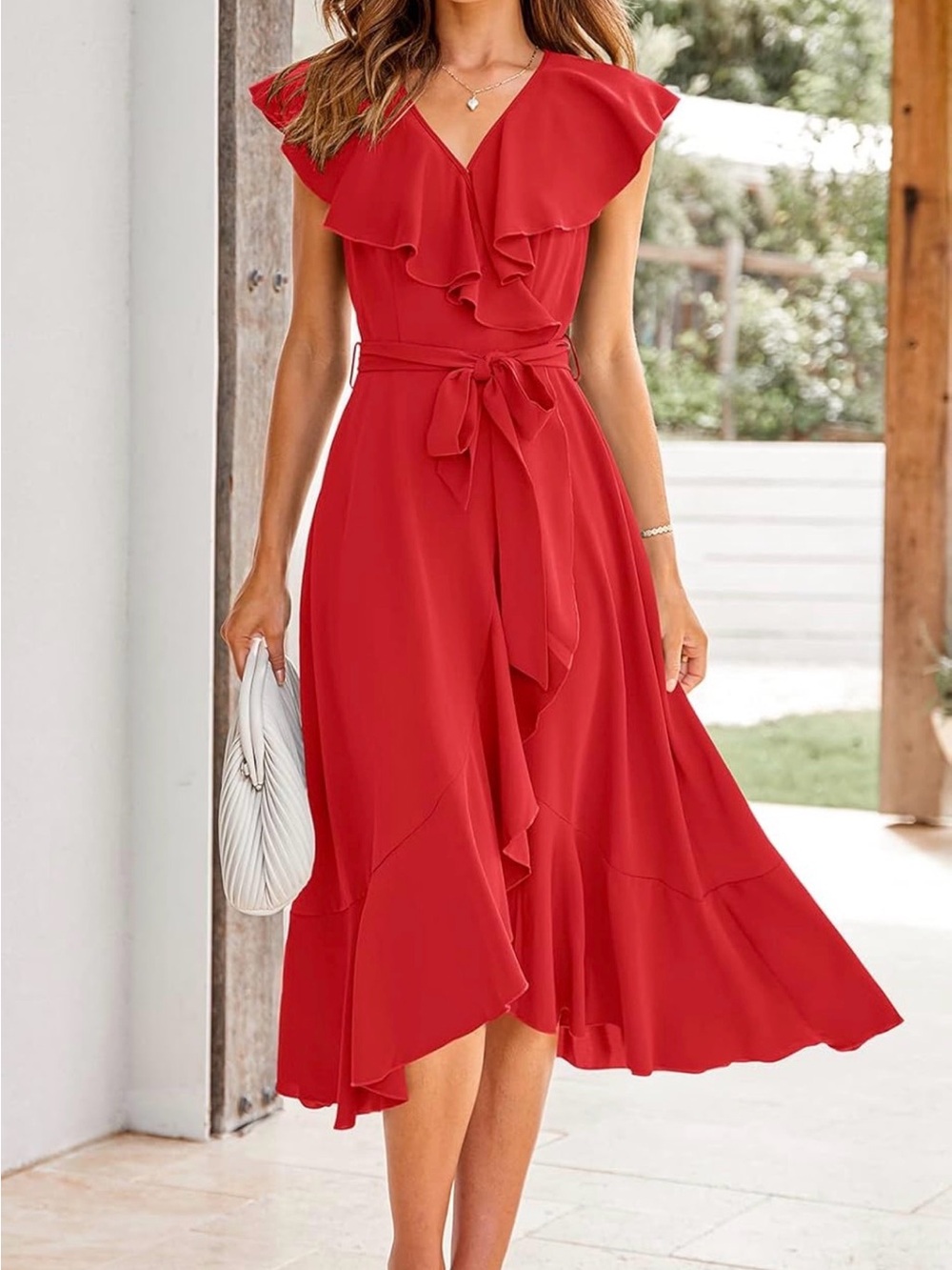 Flattering Red Ruffle-Trim Midi Wrap Dress with Tie Waist